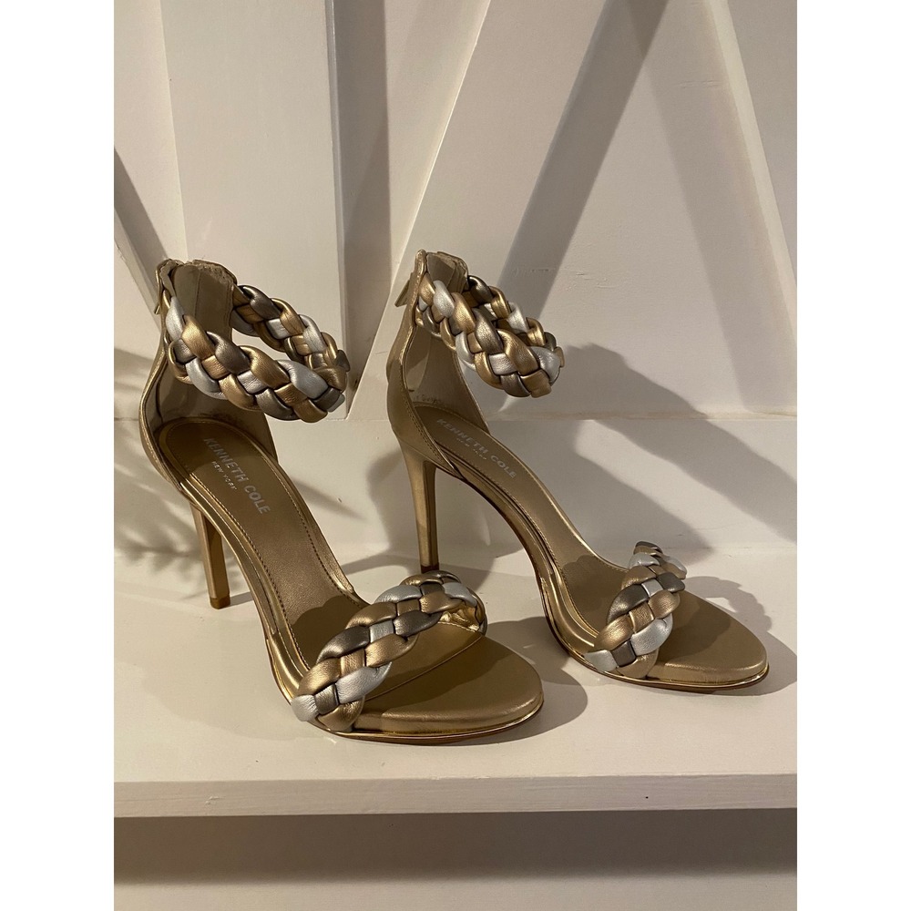 Kenneth Cole New York Metallic Gold Braided Ankle Strap High Heel Sandal 7.5